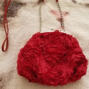 Red Fluffy Rose Flower Evening Bag Long Chain